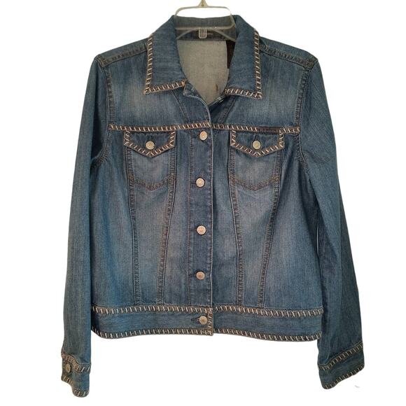 Liz Claiborne Denim Jean Jacket Women's Size L Stitching Button Up Pockets Y2k - Picture 11 of 14